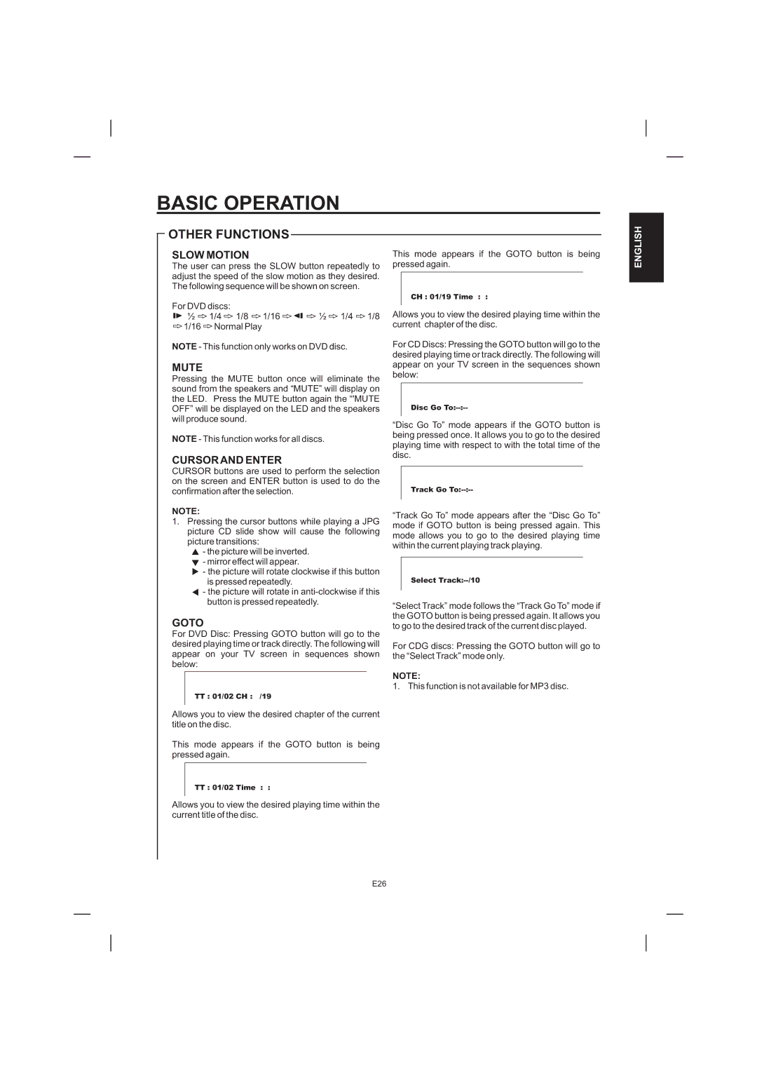 The Singing Machine STVD-1001 manual Slow Motion, Mute, Cursor and Enter, Goto 