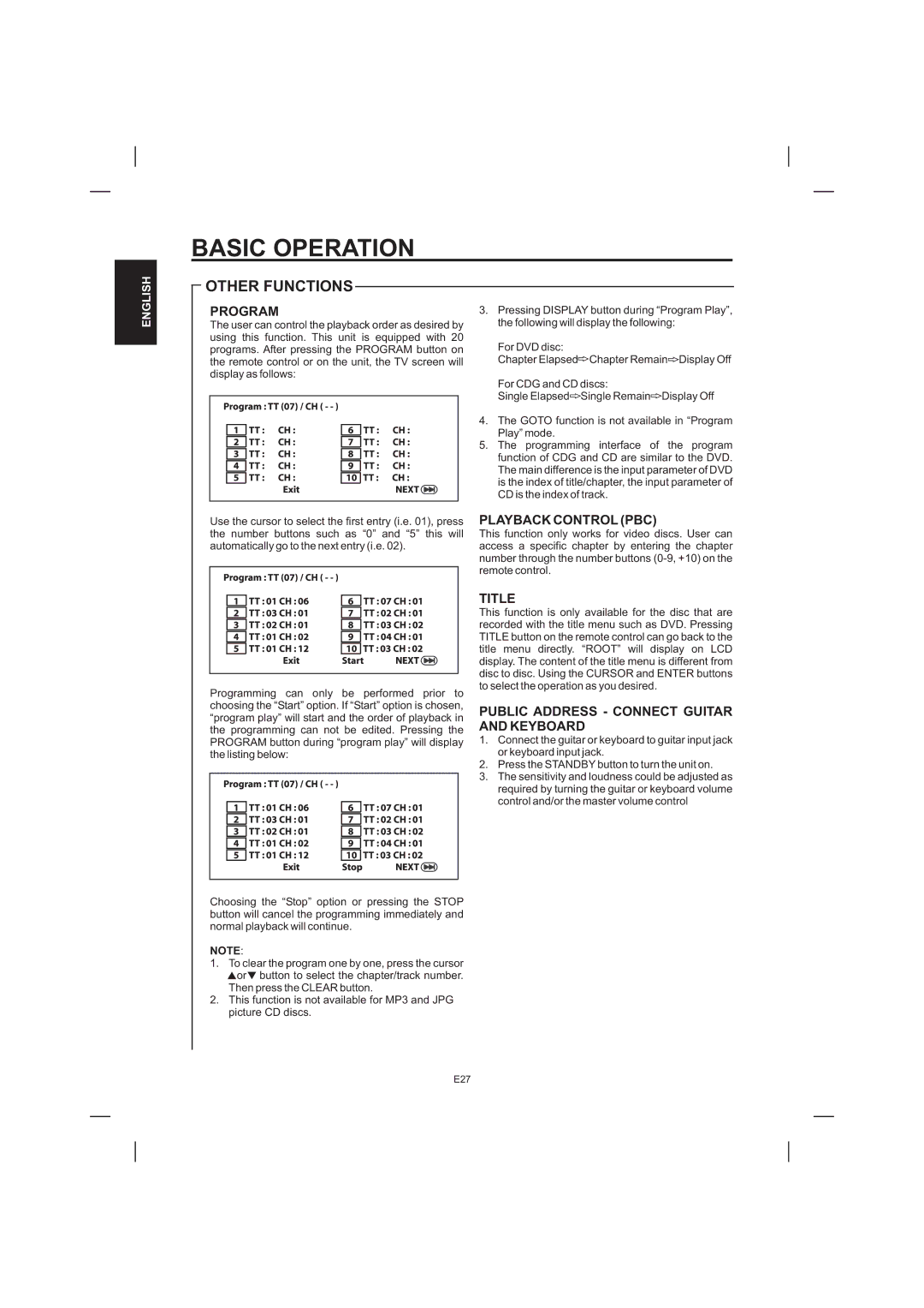 The Singing Machine STVD-1001 manual Program, Playback Control PBC, Title, Public Address Connect Guitar and Keyboard 