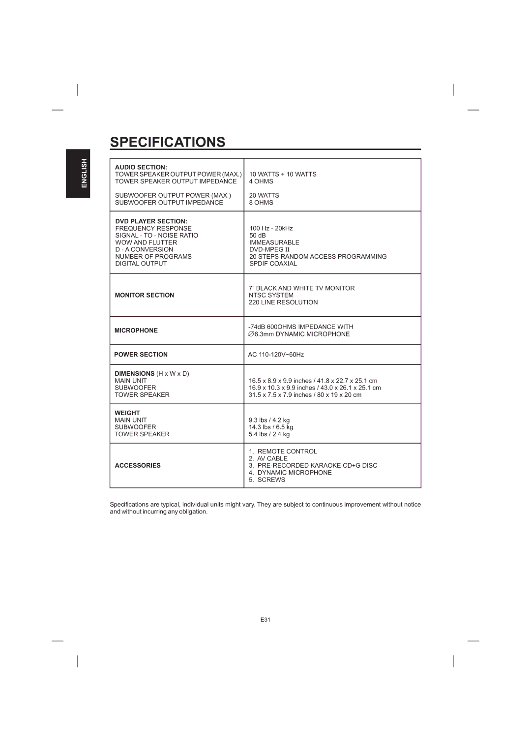 The Singing Machine STVD-1001 manual Specifications 