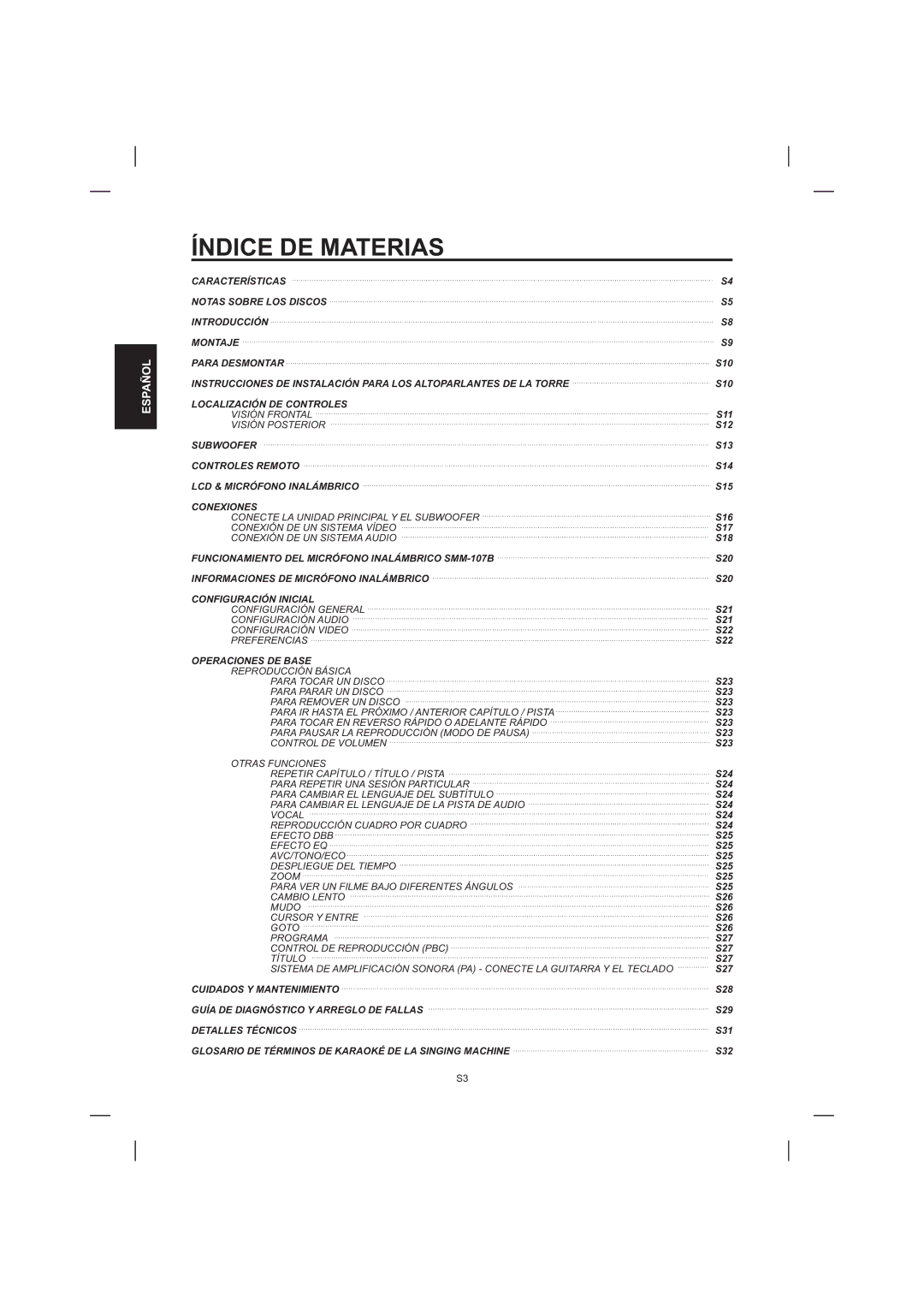 The Singing Machine STVD-1001 manual Índice DE Materias 