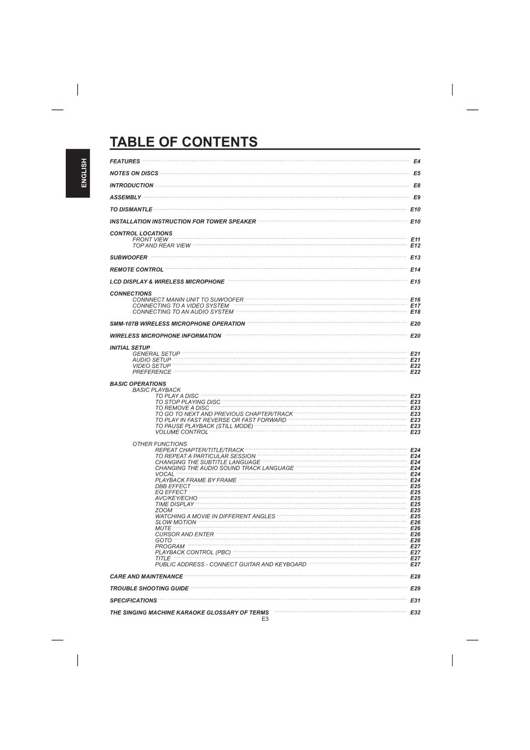 The Singing Machine STVD-1001 manual Table of Contents 