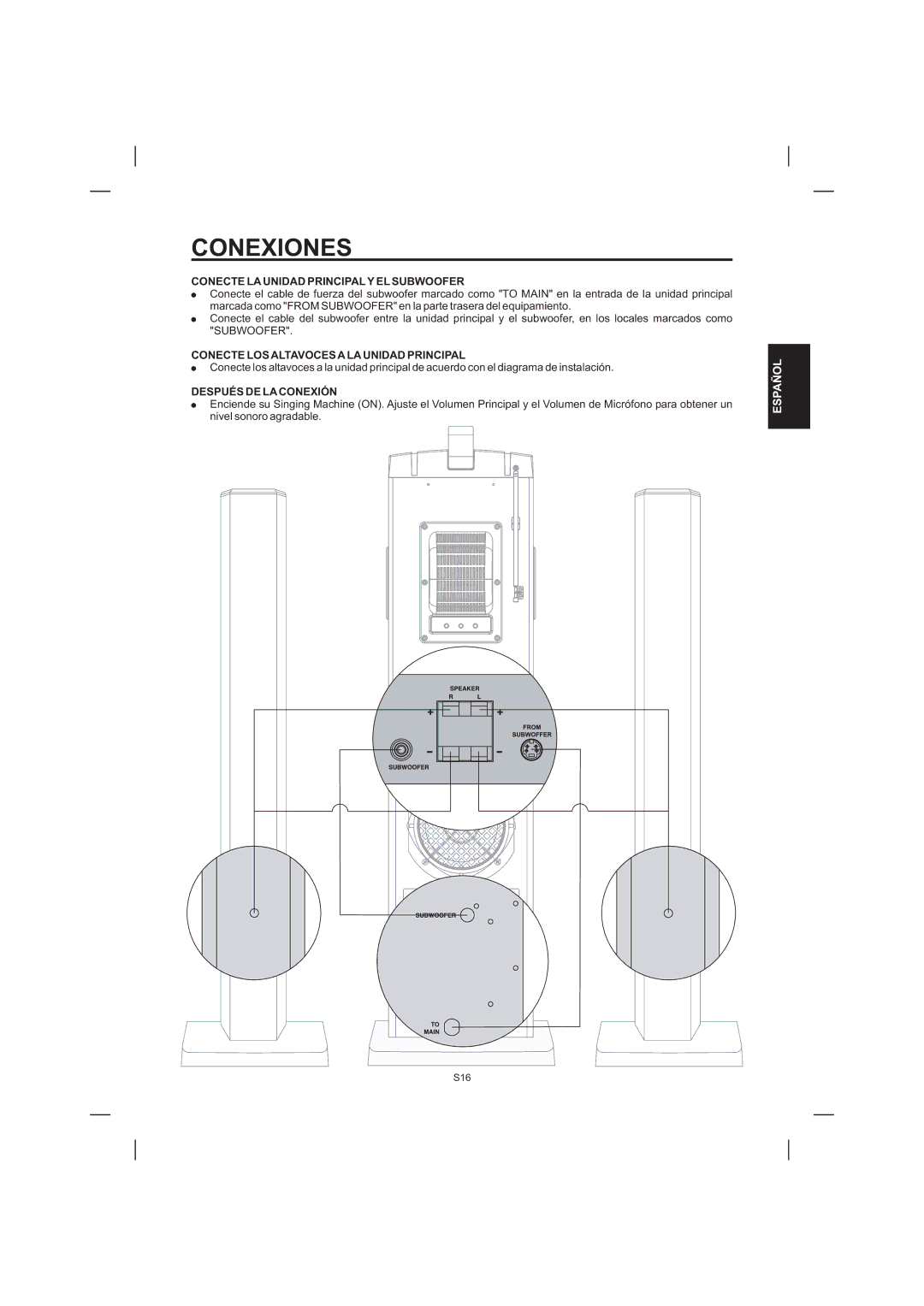 The Singing Machine STVD-1001 manual Conexiones, Conecte LA Unidad Principal Y EL Subwoofer, Después DE LA Conexión 