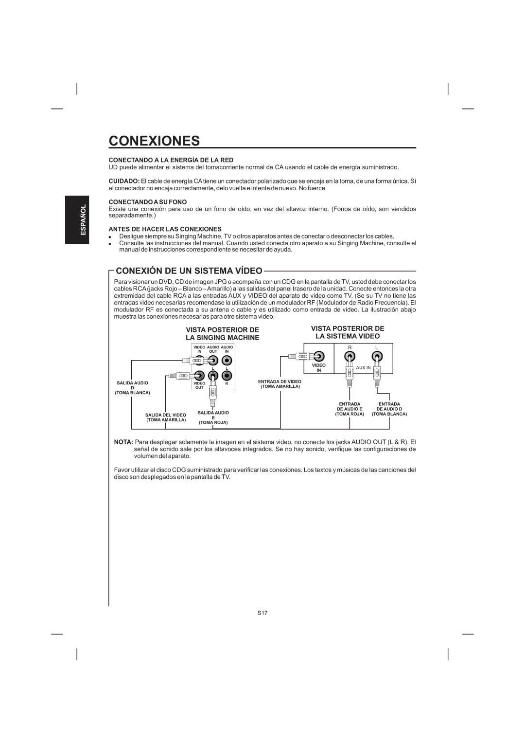 The Singing Machine STVD-1001 manual Conexión DE UN Sistema Vídeo, Conectando a LA Energía DE LA RED, Conectando a SU Fono 