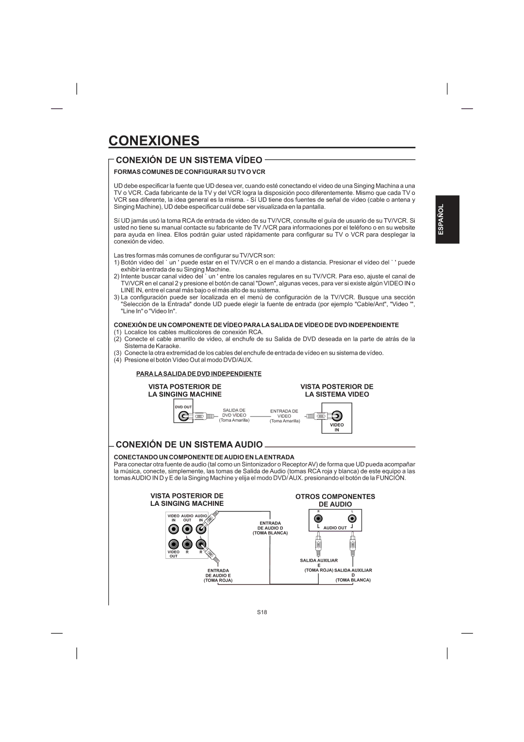 The Singing Machine STVD-1001 manual Conexión DE UN Sistema Audio, Formas Comunes DE Configurar SU TV O VCR 