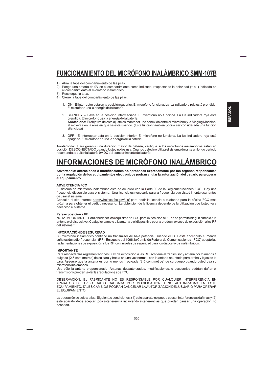 The Singing Machine STVD-1001 Informaciones DE Micrófono Inalámbrico, Advertencia FCC, Para exposición a RF, Importante 