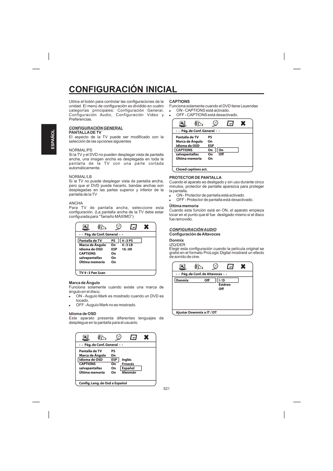 The Singing Machine STVD-1001 manual Configuración Inicial, Pantalla DE TV, Captions, Protector DE Pantalla 