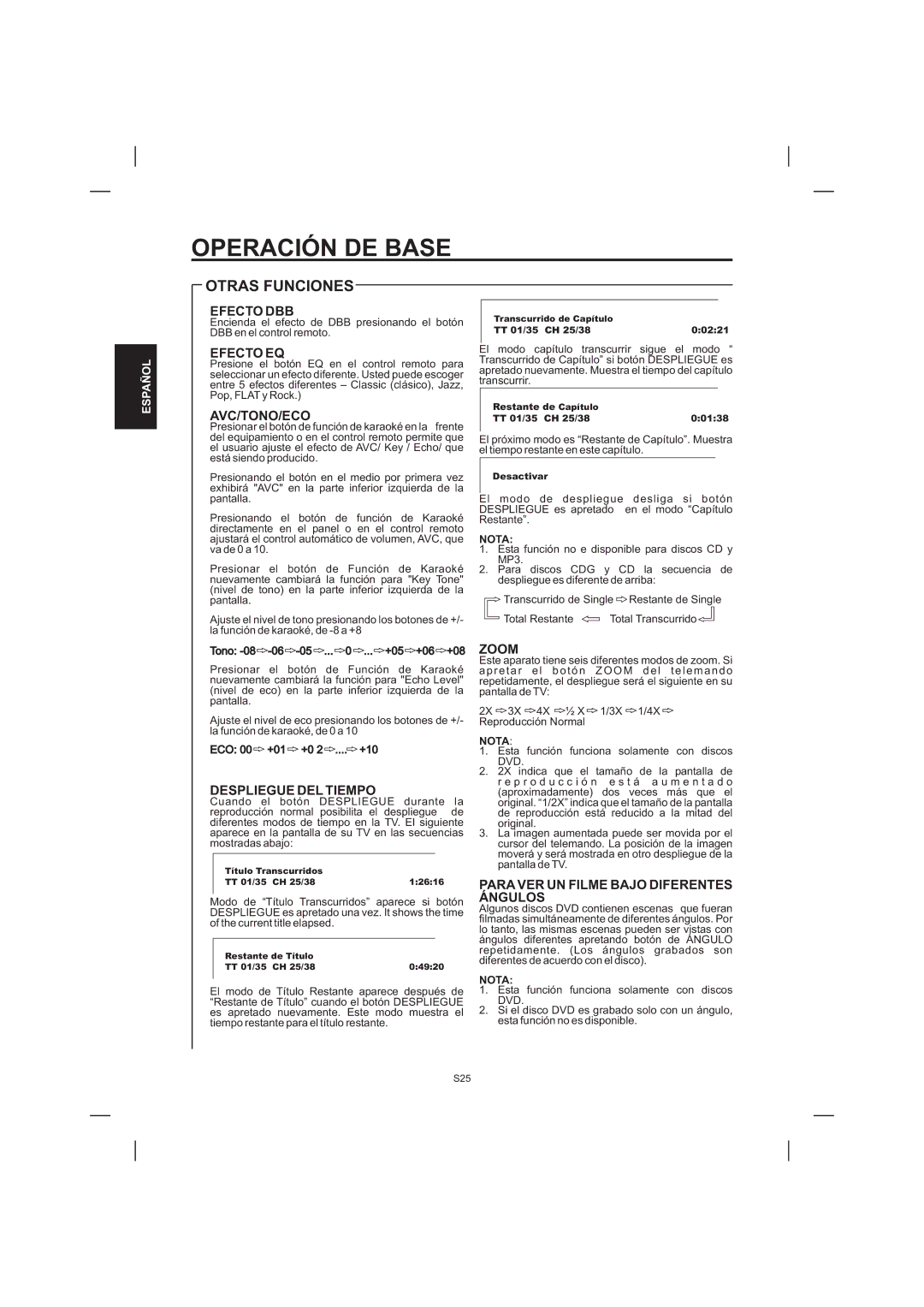 The Singing Machine STVD-1001 manual Efecto DBB, Efecto EQ, Avc/Tono/Eco, Despliegue DEL Tiempo 