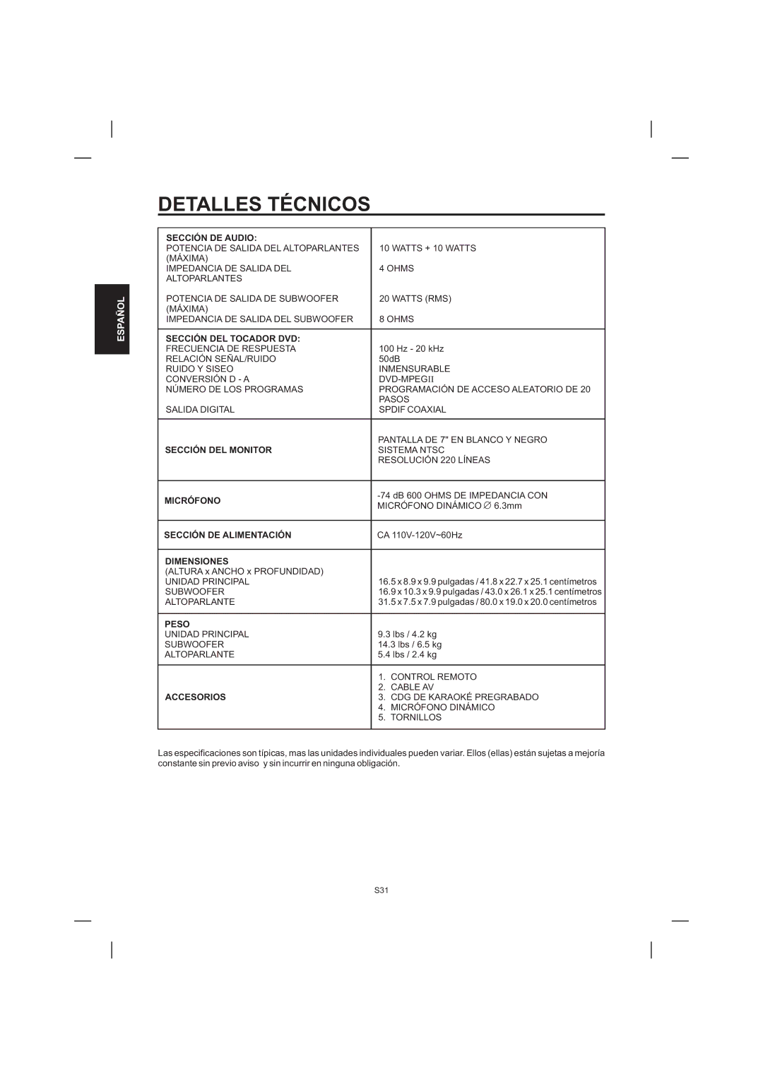 The Singing Machine STVD-1001 manual Detalles Técnicos 