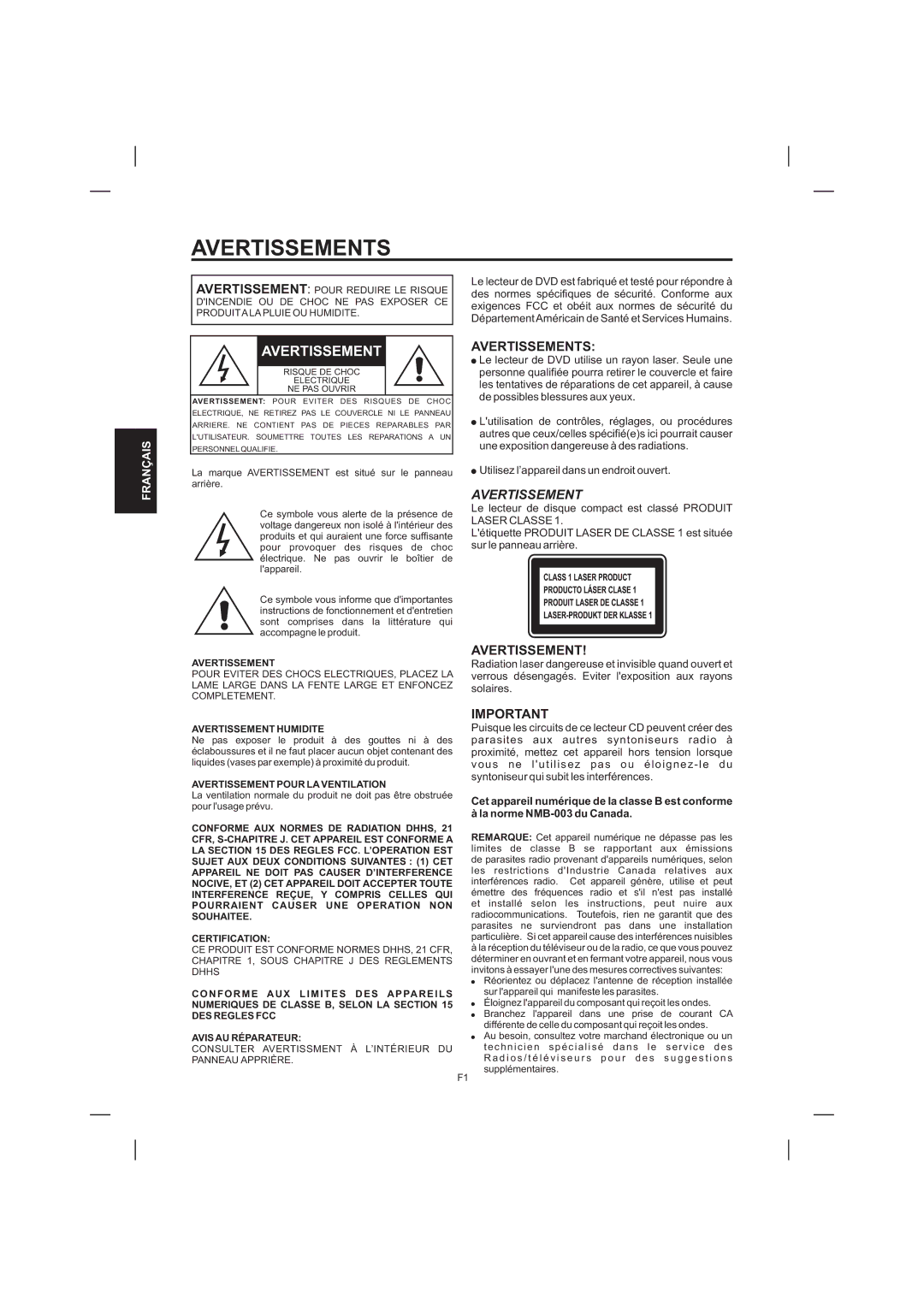 The Singing Machine STVD-1001 manual Avertissements 