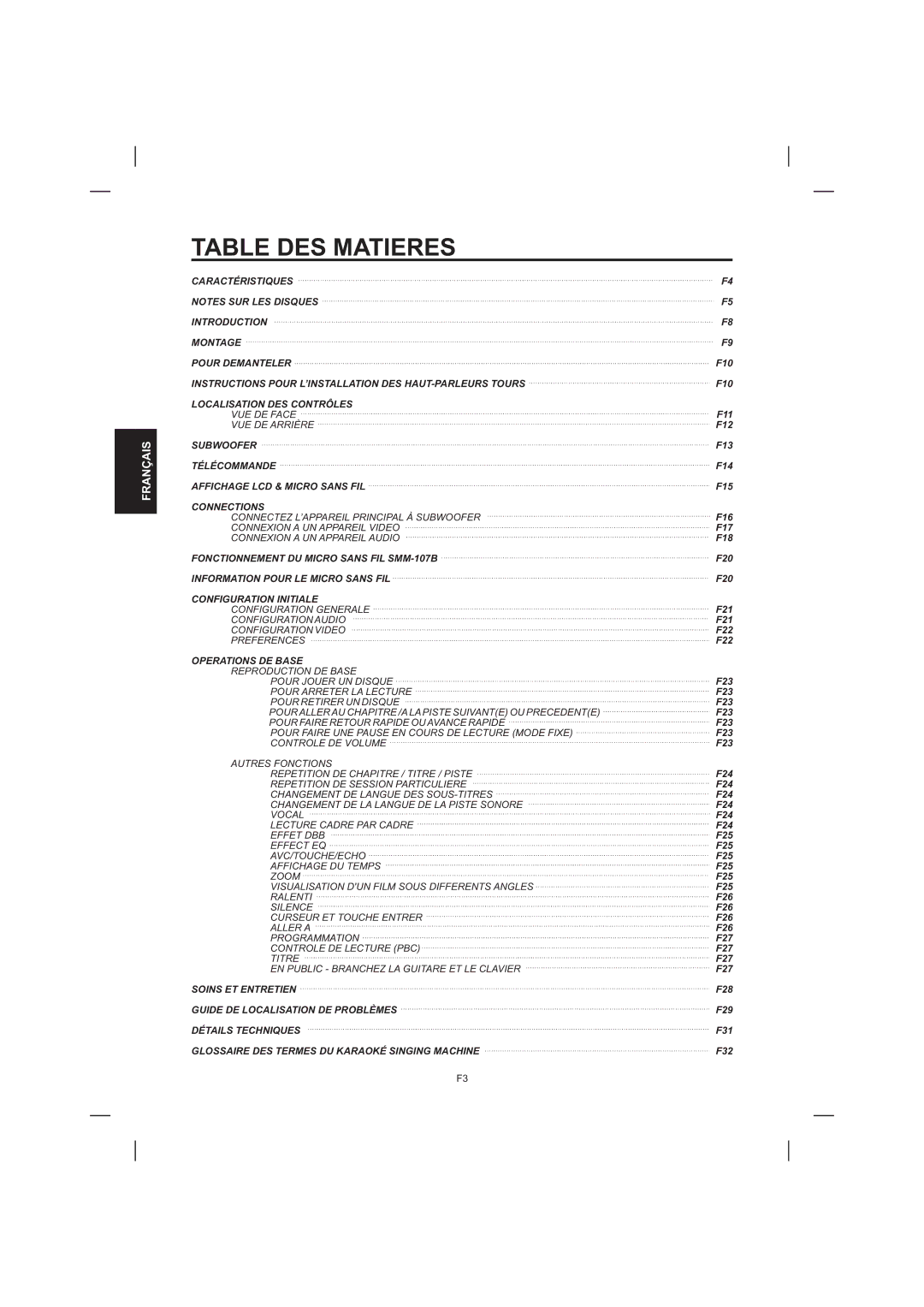 The Singing Machine STVD-1001 manual Table DES Matieres 