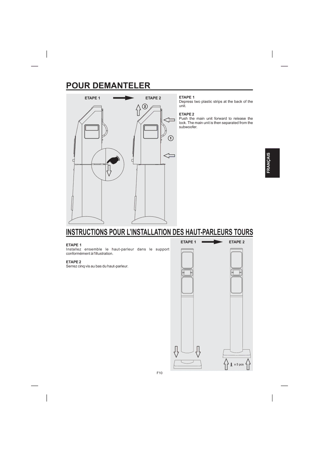 The Singing Machine STVD-1001 manual Pour Demanteler, Instructions Pour L’INSTALLATION DES HAUT-PARLEURS Tours 