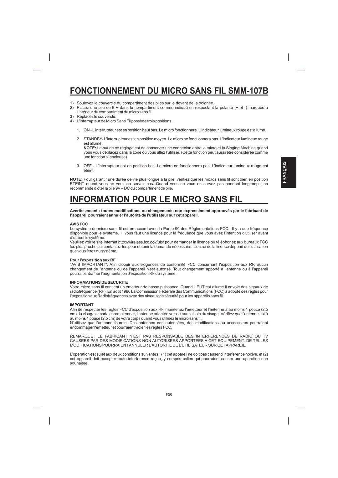 The Singing Machine STVD-1001 manual Information Pour LE Micro Sans FIL, Avis FCC, Pour lexposition aux RF 