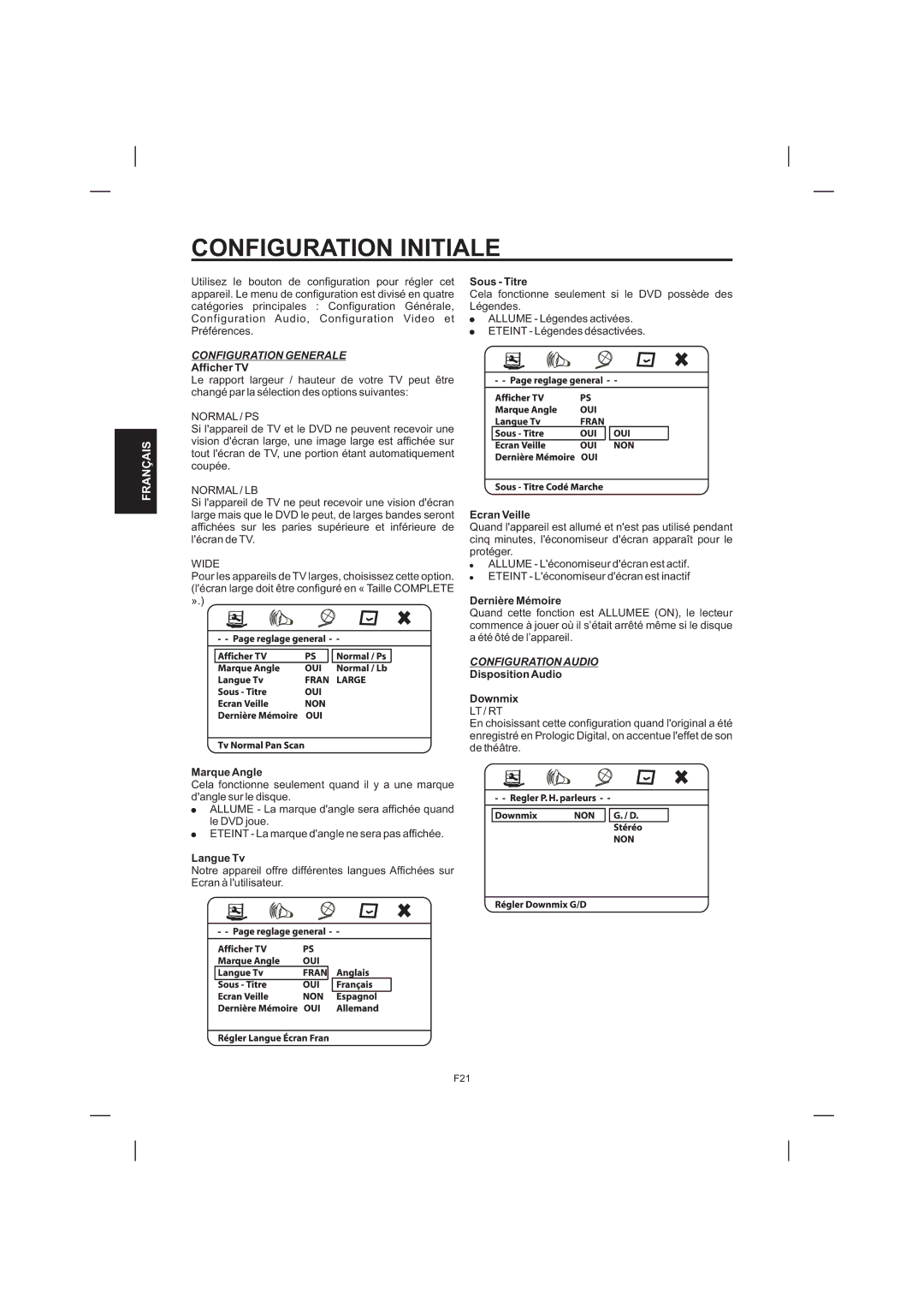 The Singing Machine STVD-1001 manual Configuration Initiale 