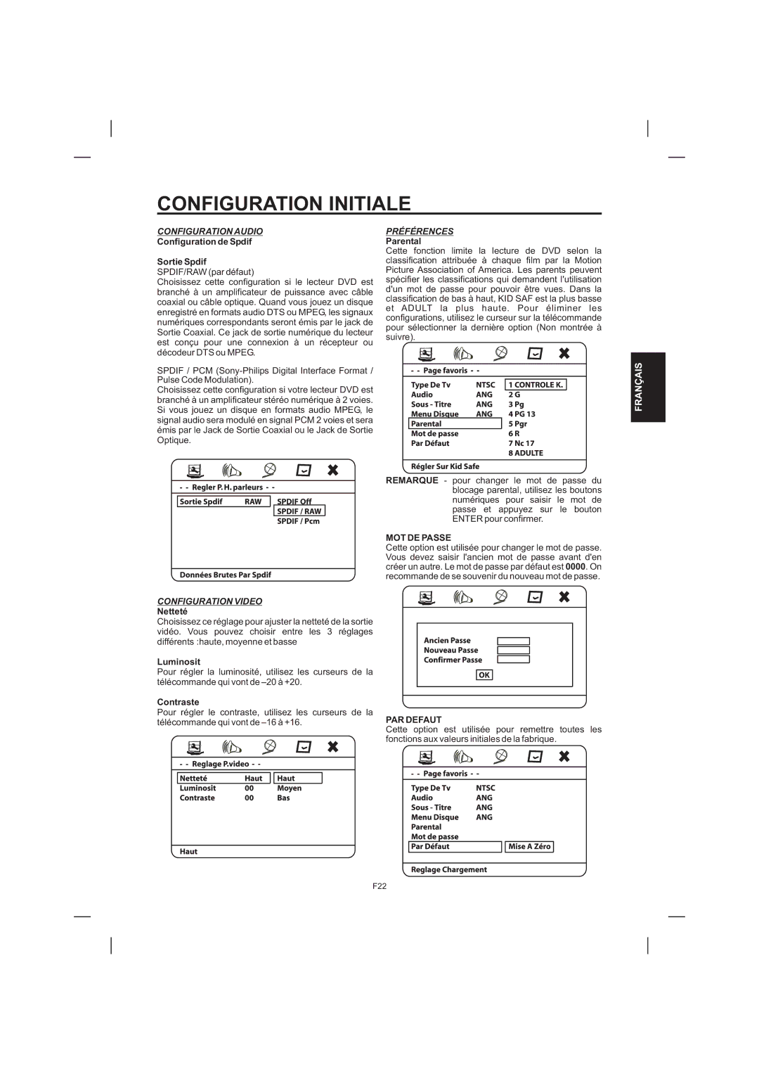 The Singing Machine STVD-1001 manual Configuration de Spdif Sortie Spdif, Netteté, Luminosit, MOT DE Passe, PAR Defaut 