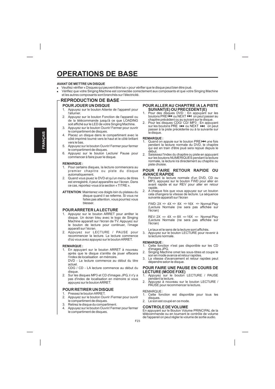 The Singing Machine STVD-1001 manual Operations DE Base, Reproduction DE Base 