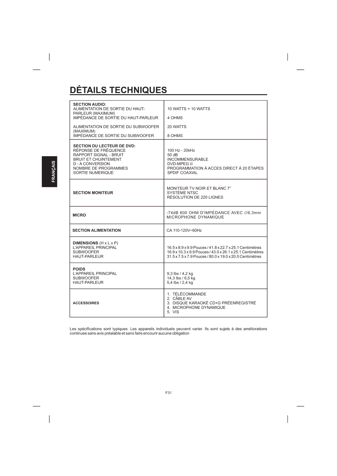 The Singing Machine STVD-1001 manual Détails Techniques 