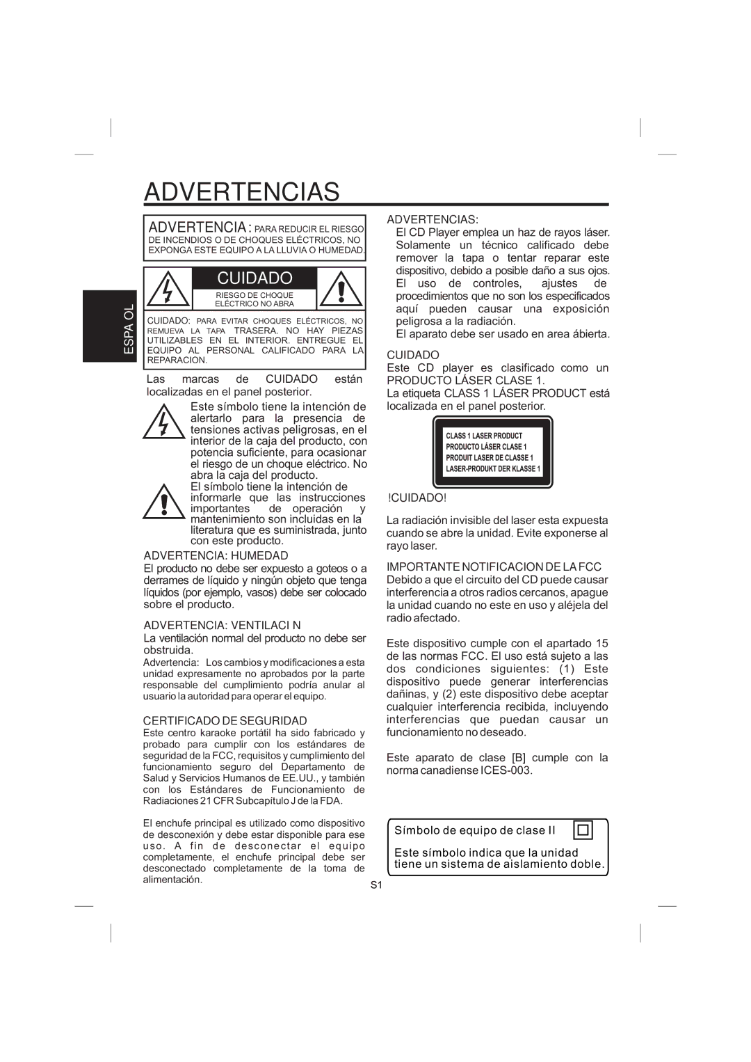 The Singing Machine STVG-359 Advertencia Humedad, Advertencia Ventilación, Certificado DE Seguridad, Advertencias, Cuidado 