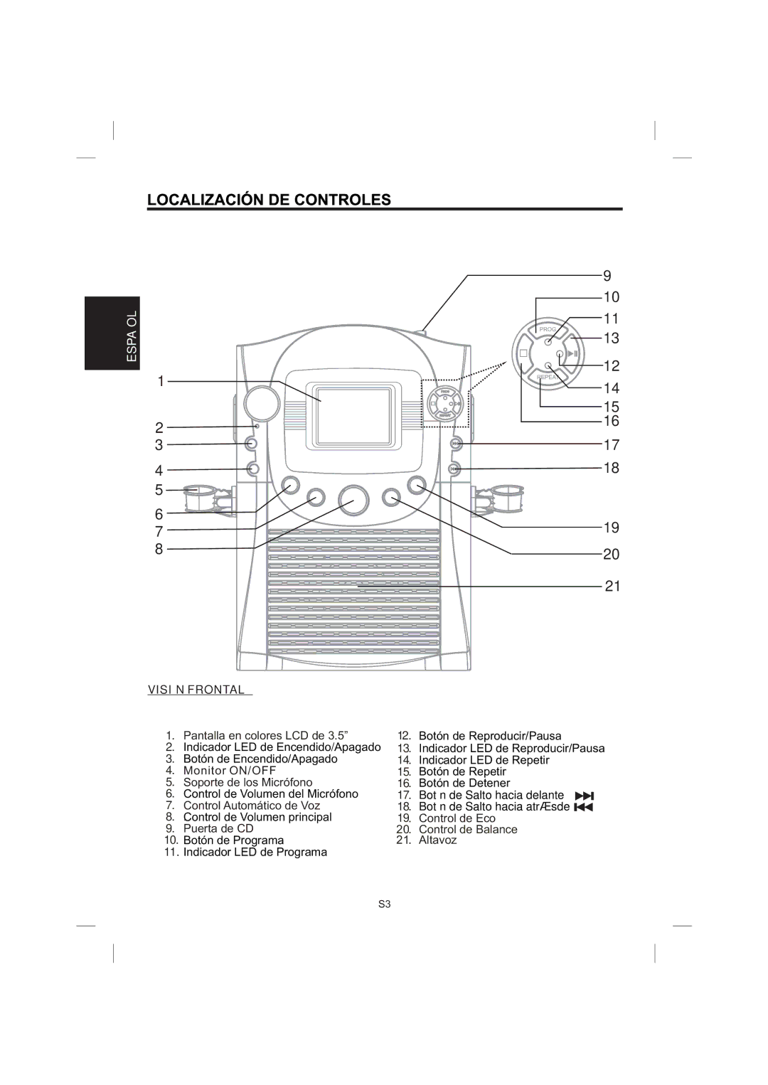 The Singing Machine STVG-359 manual Visión Frontal, Pantalla en colores LCD de 