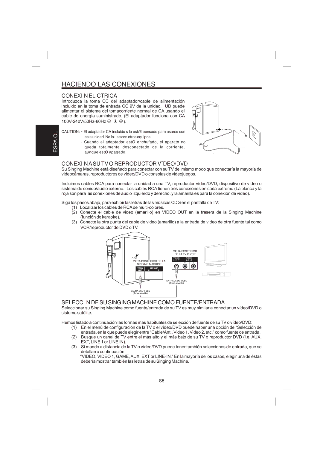 The Singing Machine STVG-359 manual Haciendo LAS Conexiones, Conexión Eléctrica, Conexión a SU TV O Reproductor VÍDEO/DVD 