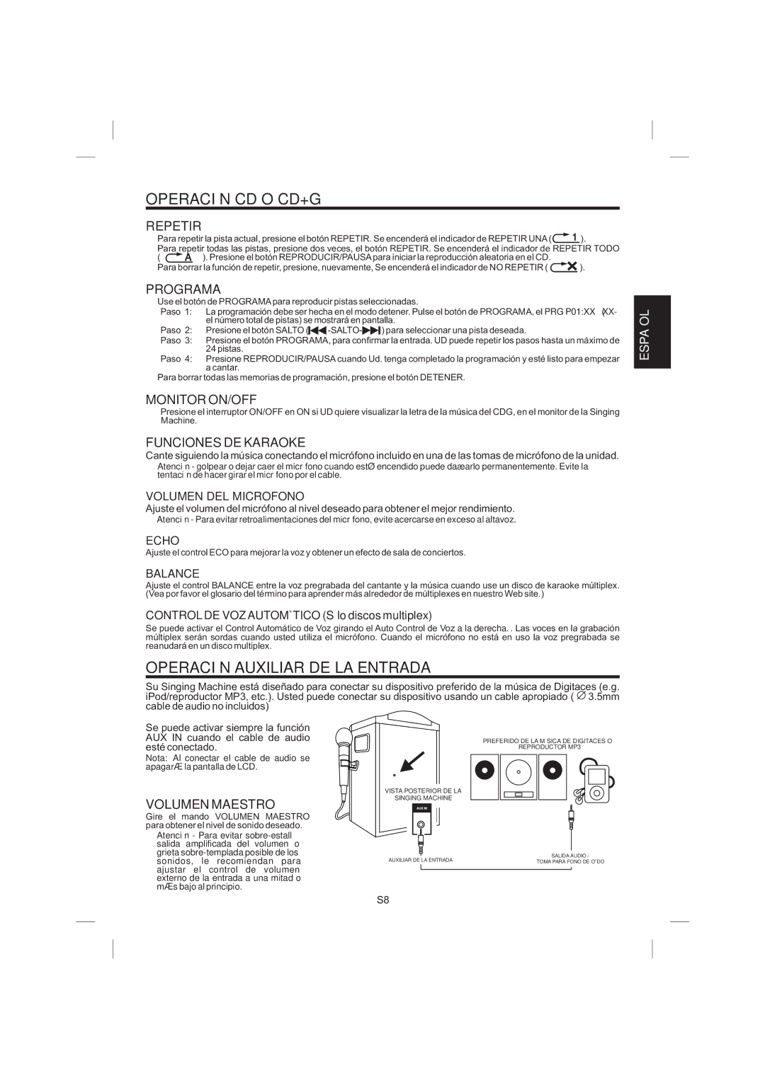 The Singing Machine STVG-359 Operación Auxiliar DE LA Entrada, Repetir, Programa, Funciones DE Karaoke, Volumen Maestro 