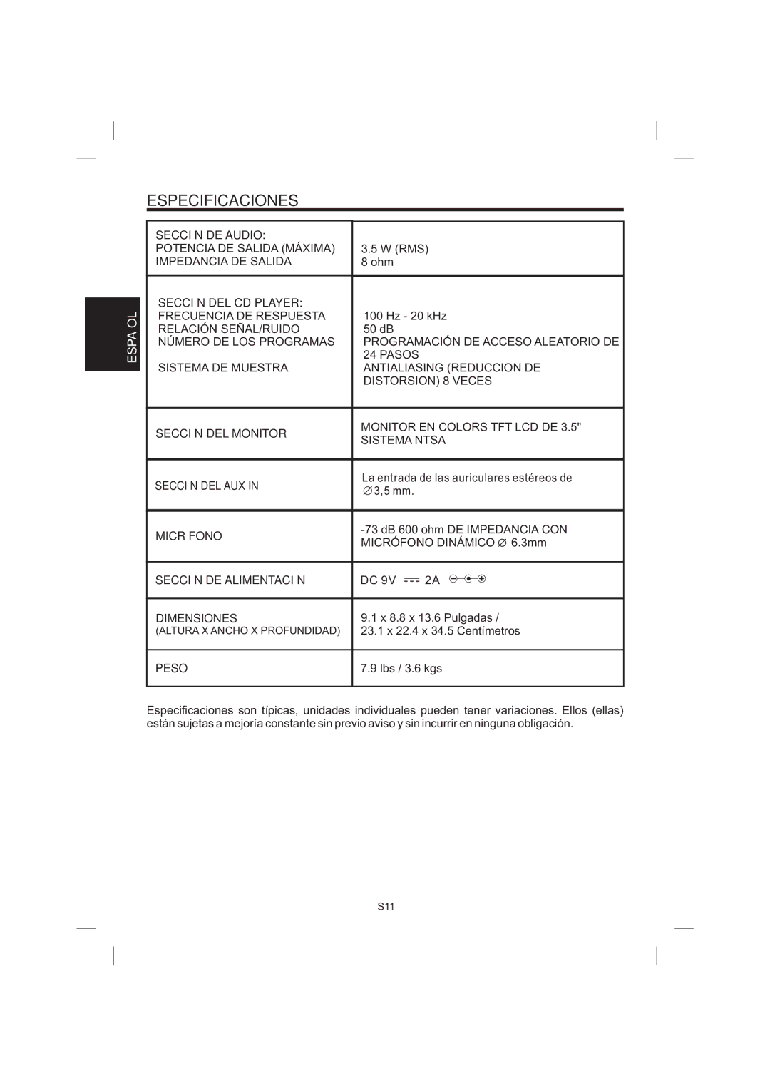 The Singing Machine STVG-359 manual Especificaciones 