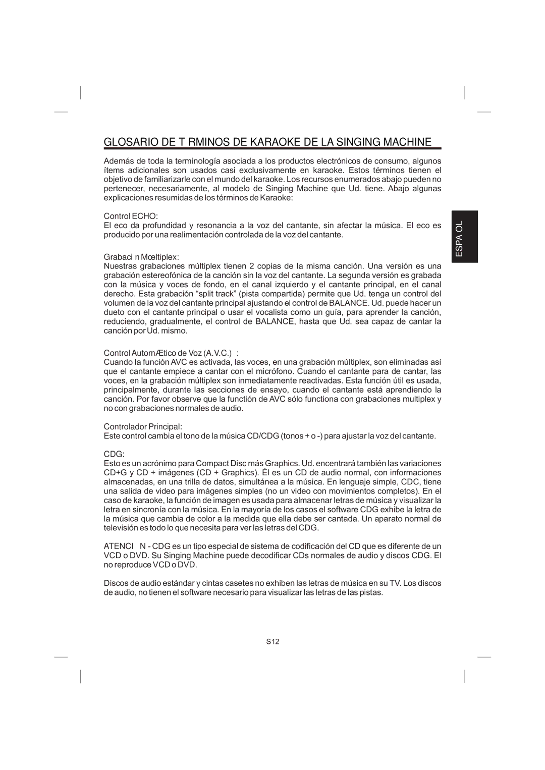 The Singing Machine STVG-359 manual Glosario DE Términos DE Karaoke DE LA Singing Machine 