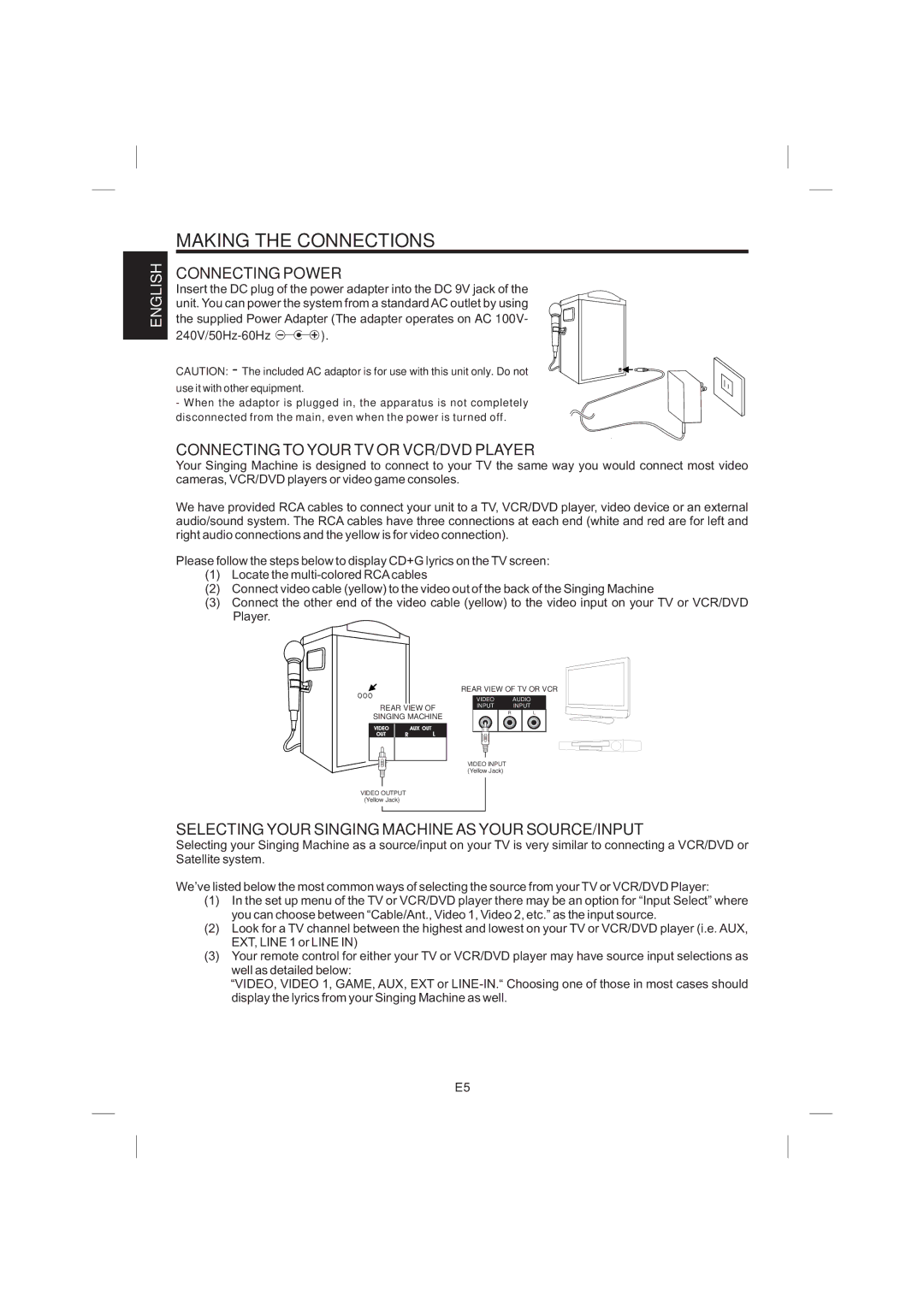 The Singing Machine STVG-359 manual Making the Connections, Connecting Power, Connecting to Your TV or VCR/DVD Player 