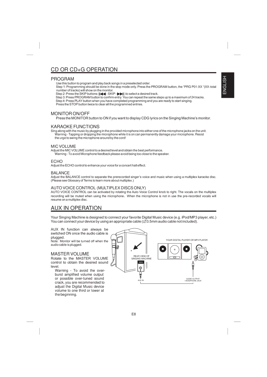 The Singing Machine STVG-359 manual AUX in Operation, Program, Monitor ON/OFF, Karaoke Functions 