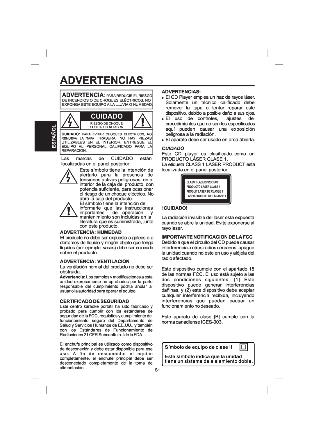 The Singing Machine STVG-359 Advertencias, Advertencia Humedad, Advertencia Ventilación, Certificado De Seguridad, Cuidado 