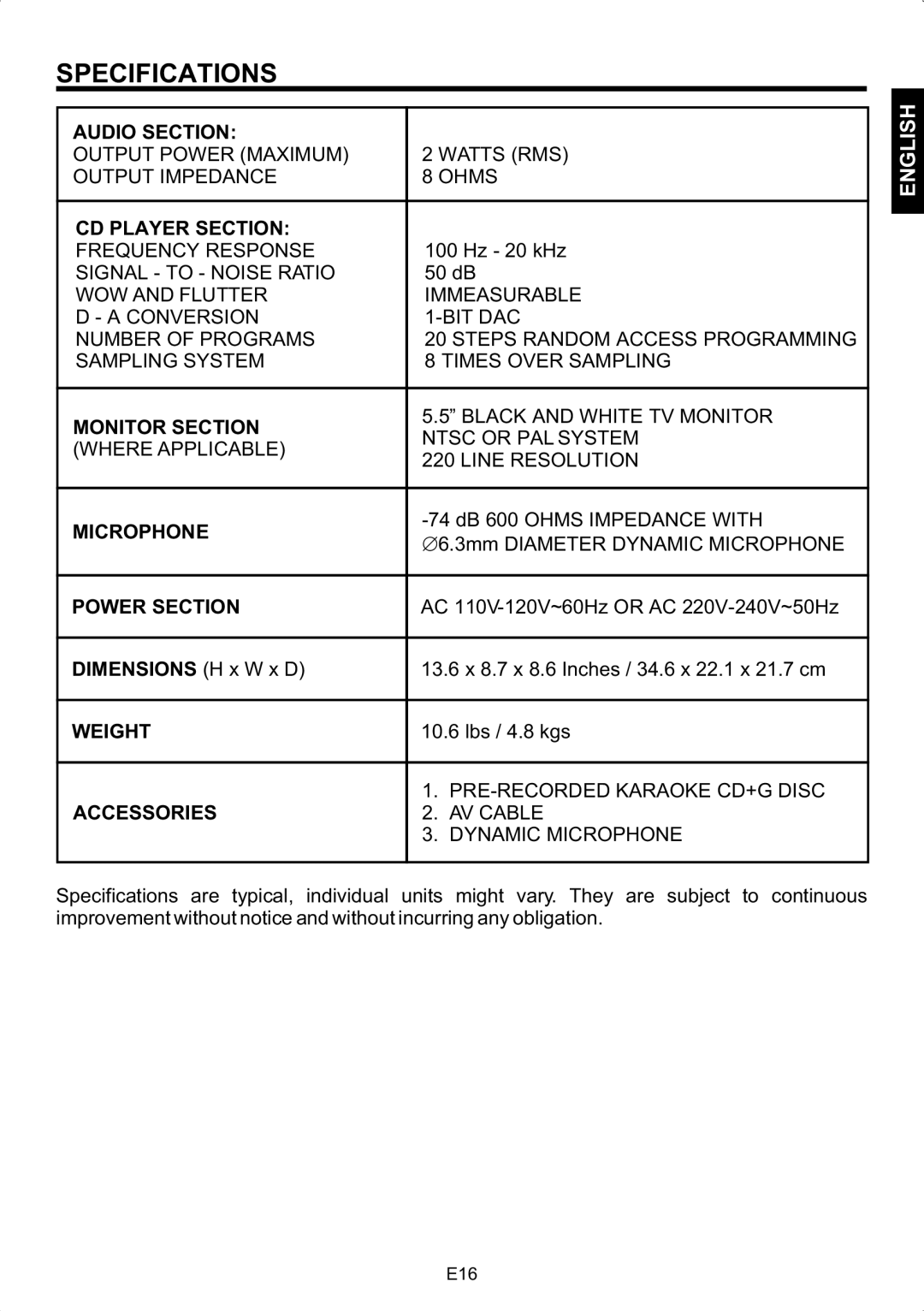 The Singing Machine STVG-502 instruction manual Specifications 