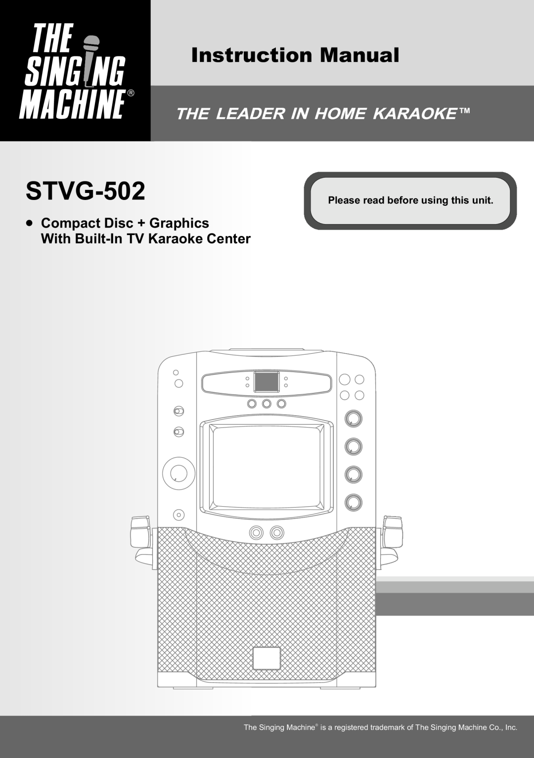The Singing Machine STVG-502 instruction manual Compact Disc + Graphics, With Built-InTV Karaoke Center 