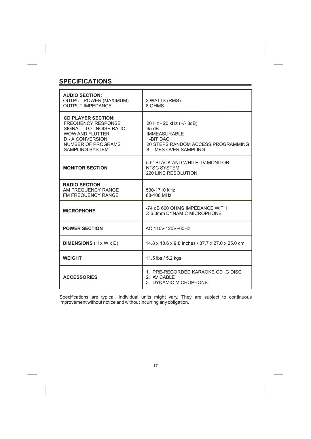 The Singing Machine STVG-513, Singing Machine instruction manual Specifications 