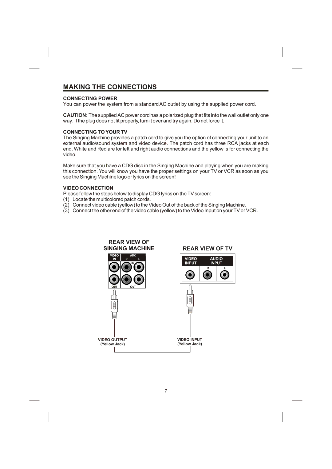 The Singing Machine STVG-513 Making the Connections, Connecting Power, Connecting to Your TV, Video Connection 