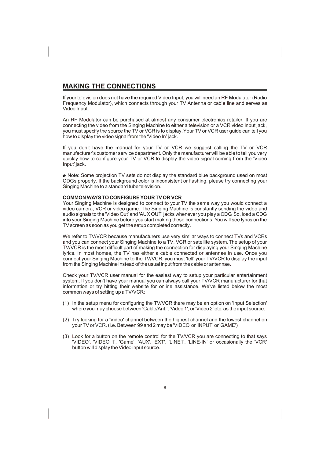 The Singing Machine Singing Machine, STVG-513 instruction manual Common Ways to Configure Your TV or VCR 