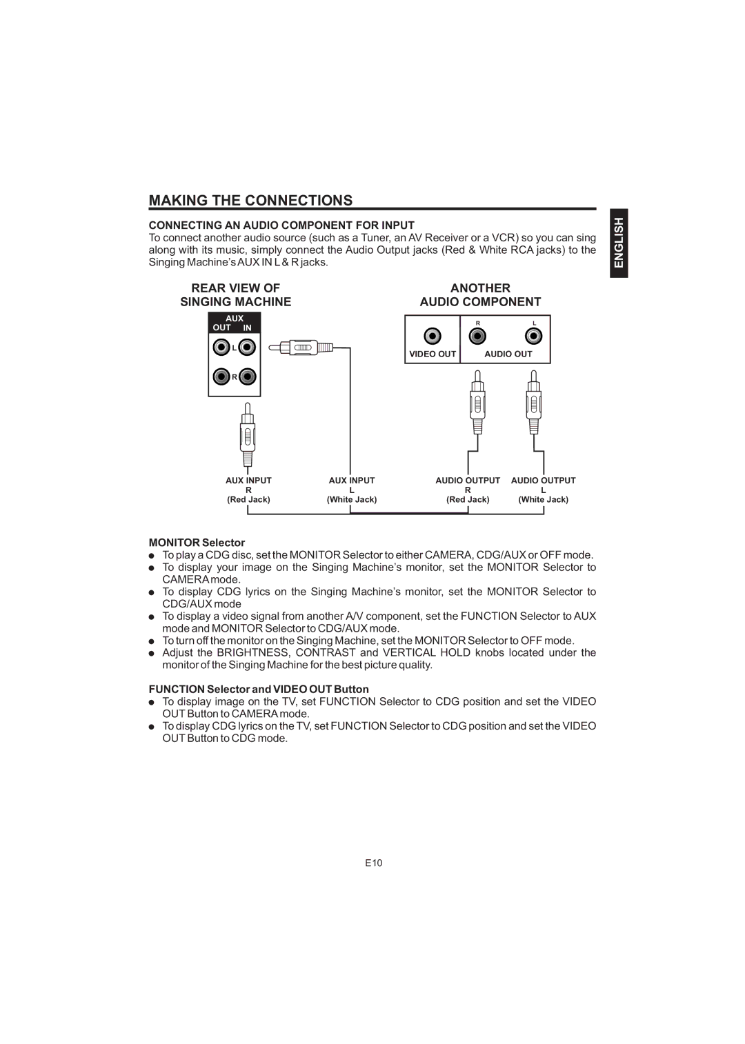 The Singing Machine STVG-520 instruction manual Connecting AN Audio Component for Input, Monitor Selector 