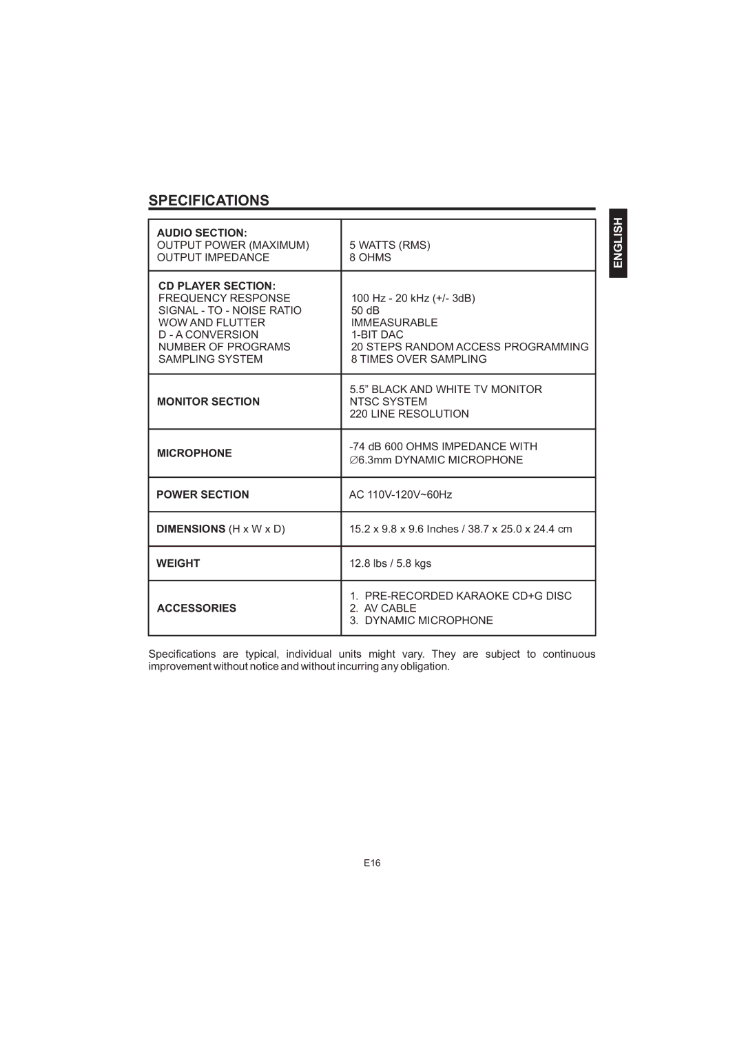 The Singing Machine STVG-520 instruction manual Specifications 