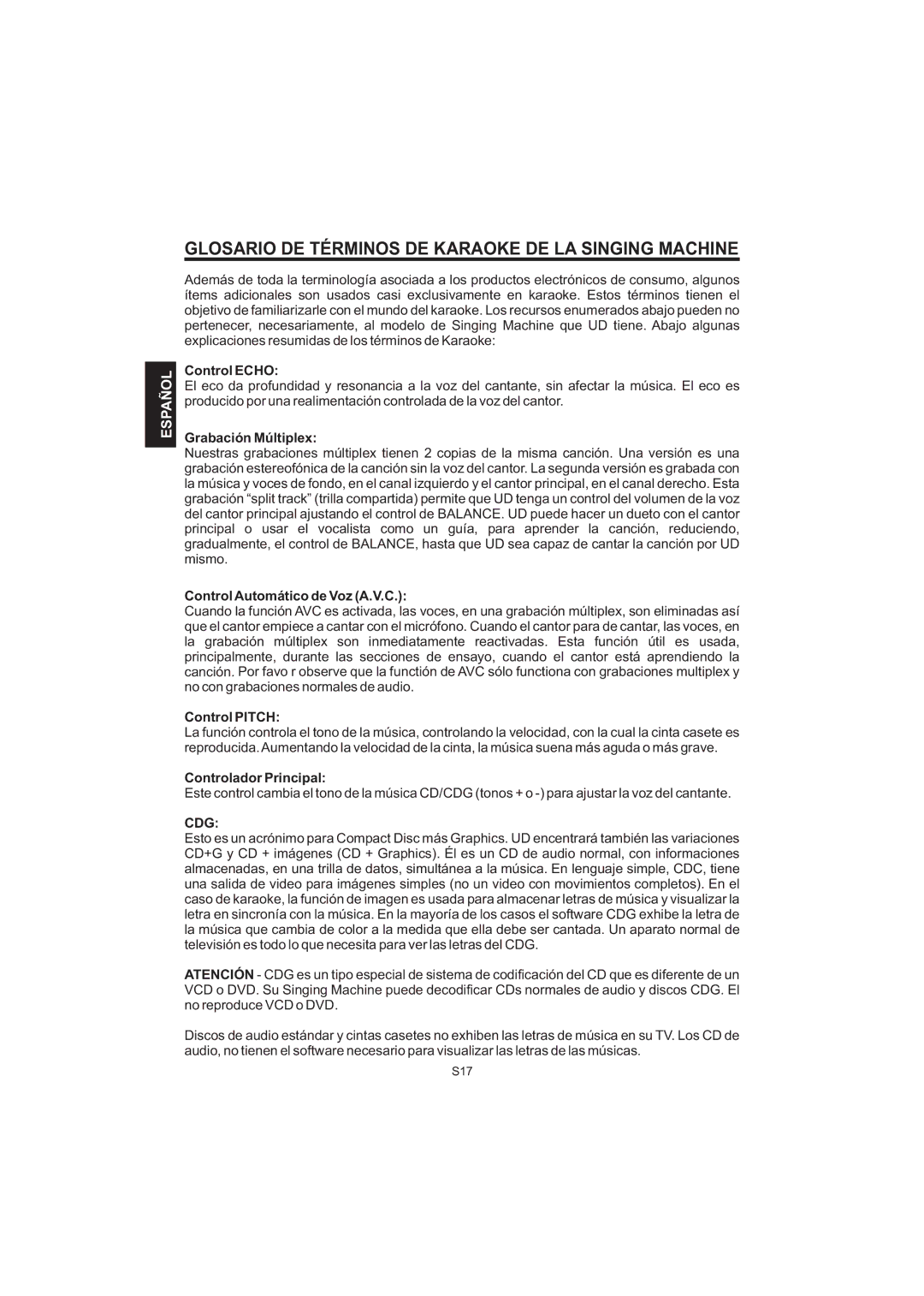 The Singing Machine STVG-520 instruction manual Glosario DE Términos DE Karaoke DE LA Singing Machine 