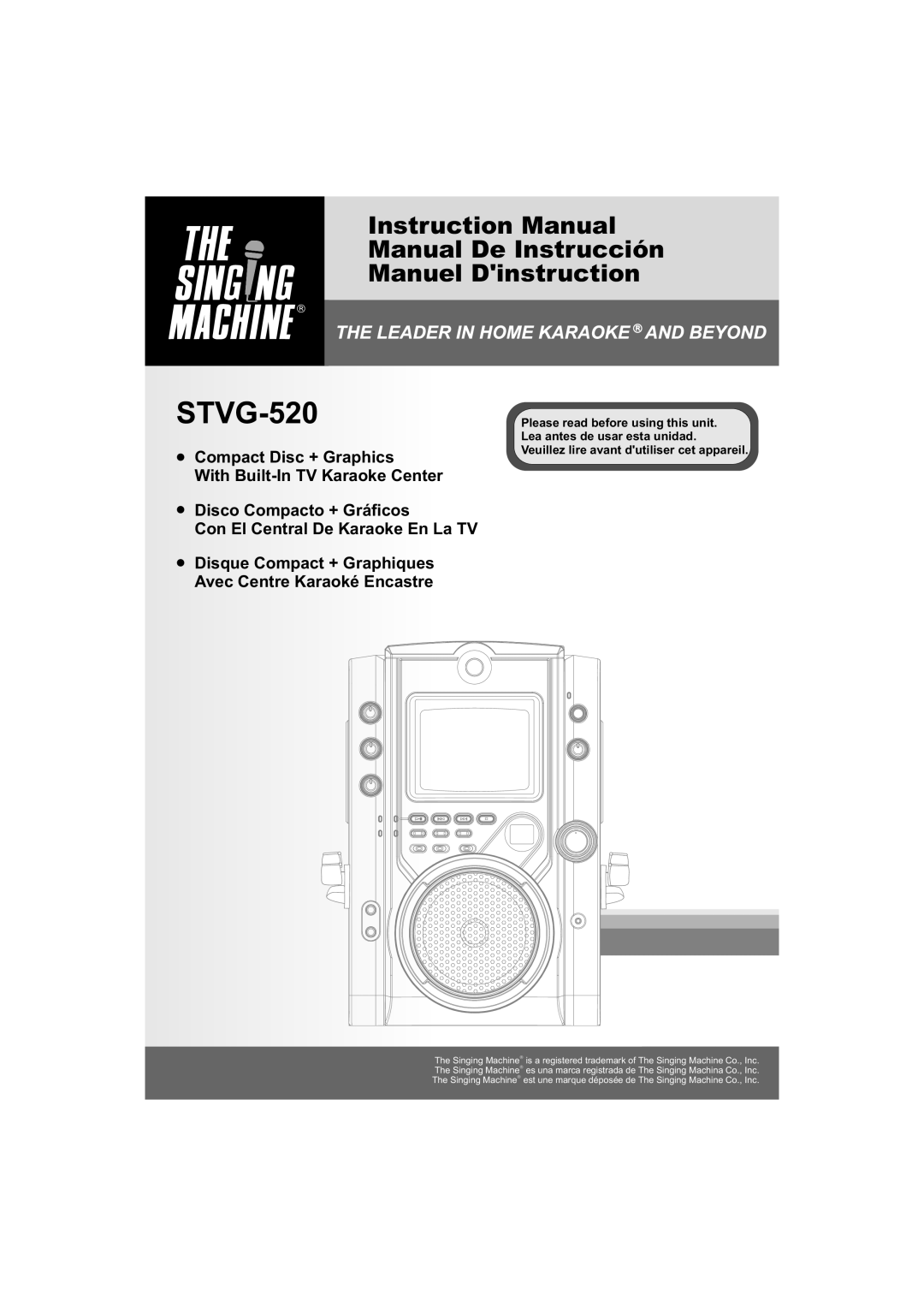 The Singing Machine STVG-520 instruction manual Manuel Dinstruction, Compact Disc + Graphics, Disco Compacto + Gráficos 