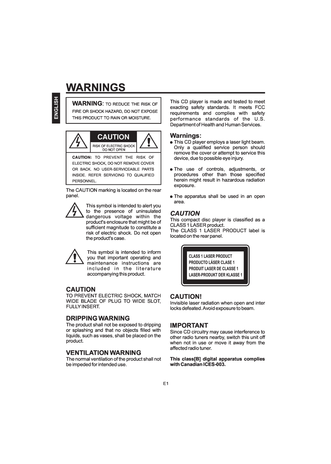The Singing Machine STVG-520 instruction manual Warnings, Dripping Warning, Ventilation Warning, English 