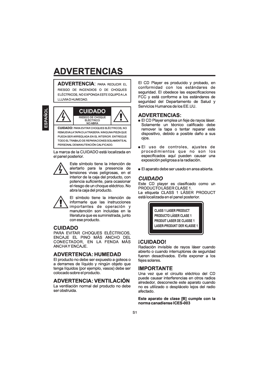 The Singing Machine STVG-520 Advertencias, Cuidado, Advertencia Humedad, Advertencia Ventilación, Importante, Español 