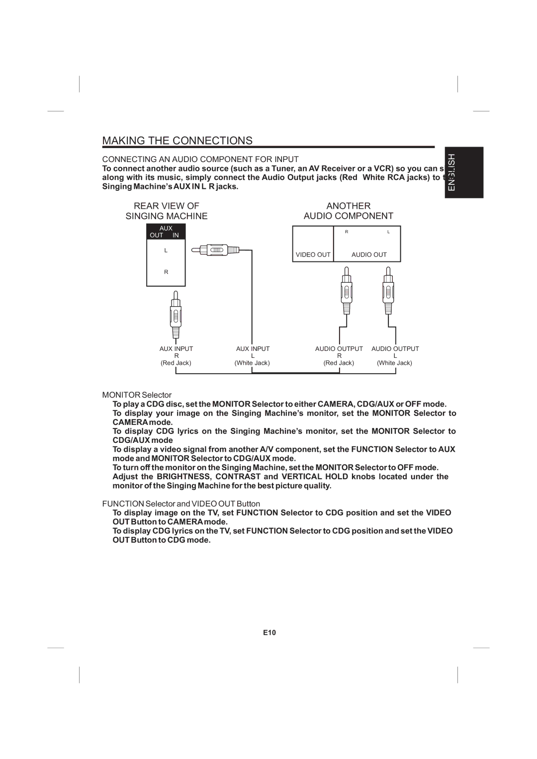 The Singing Machine STVG-535 instruction manual Connecting AN Audio Component for Input, Monitor Selector 