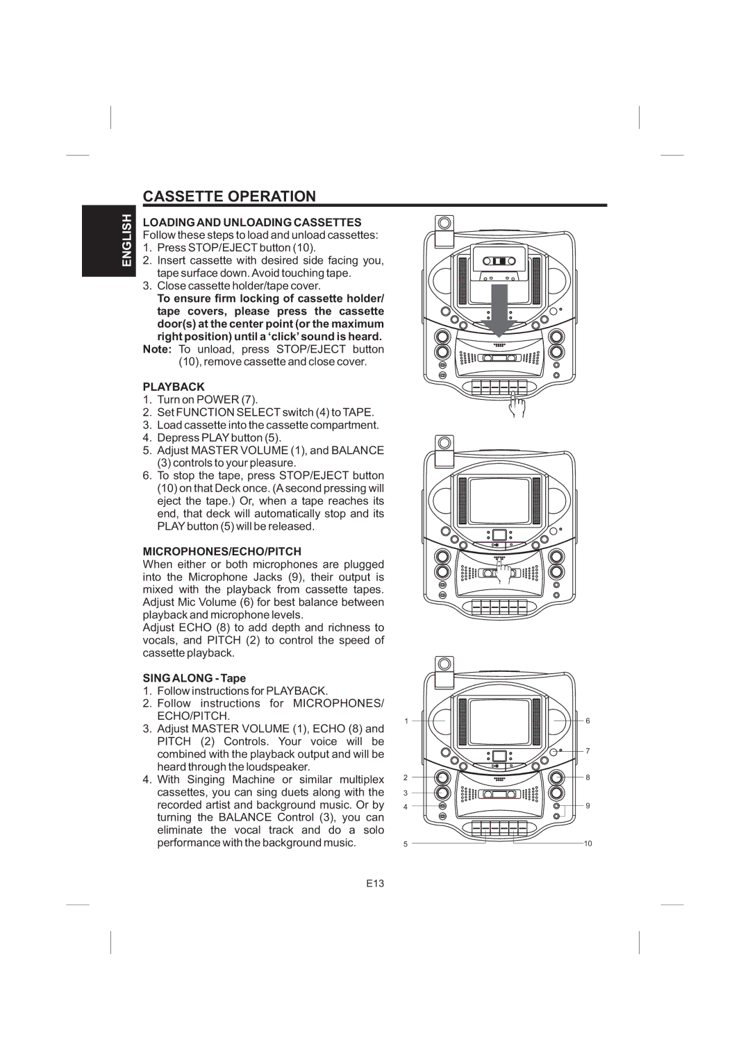 The Singing Machine STVG-535 Cassette Operation, Playback, Microphones/Echo/Pitch, Sing Along Tape, ECHO/PITCH.1 