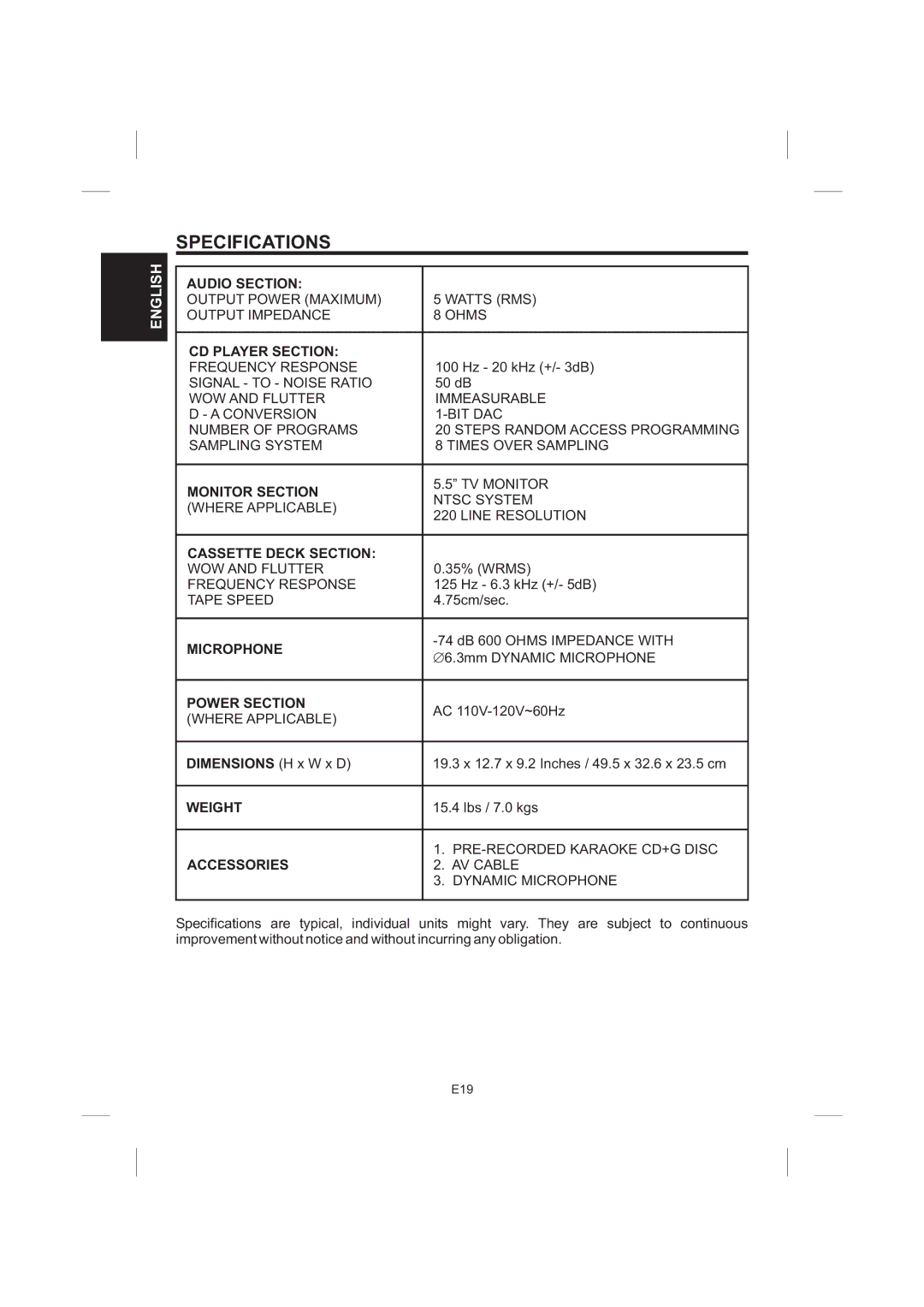 The Singing Machine STVG-535 instruction manual Specifications 