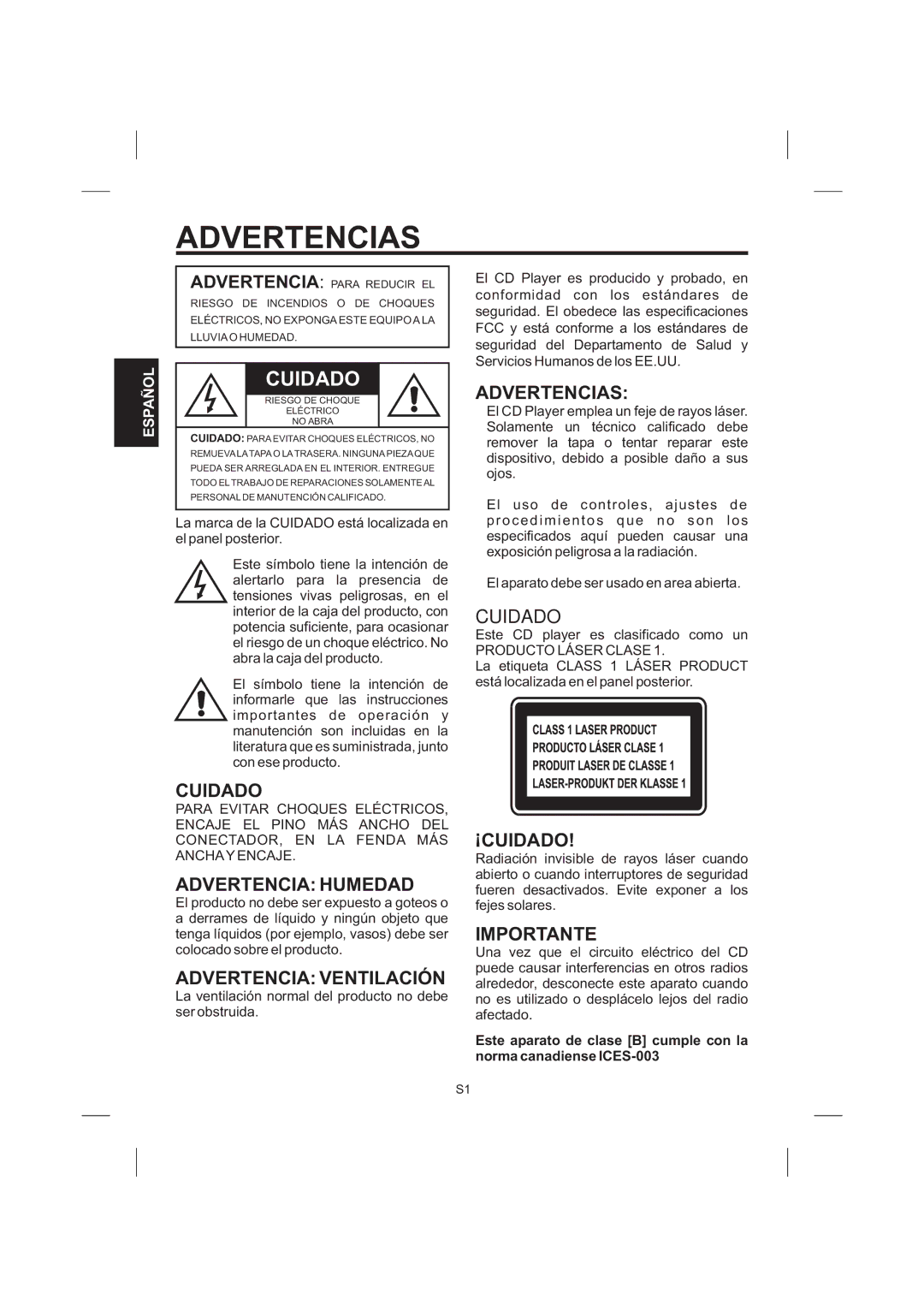 The Singing Machine STVG-535 Cuidado, Advertencia Humedad, Advertencia Ventilación, Advertencias, Importante 