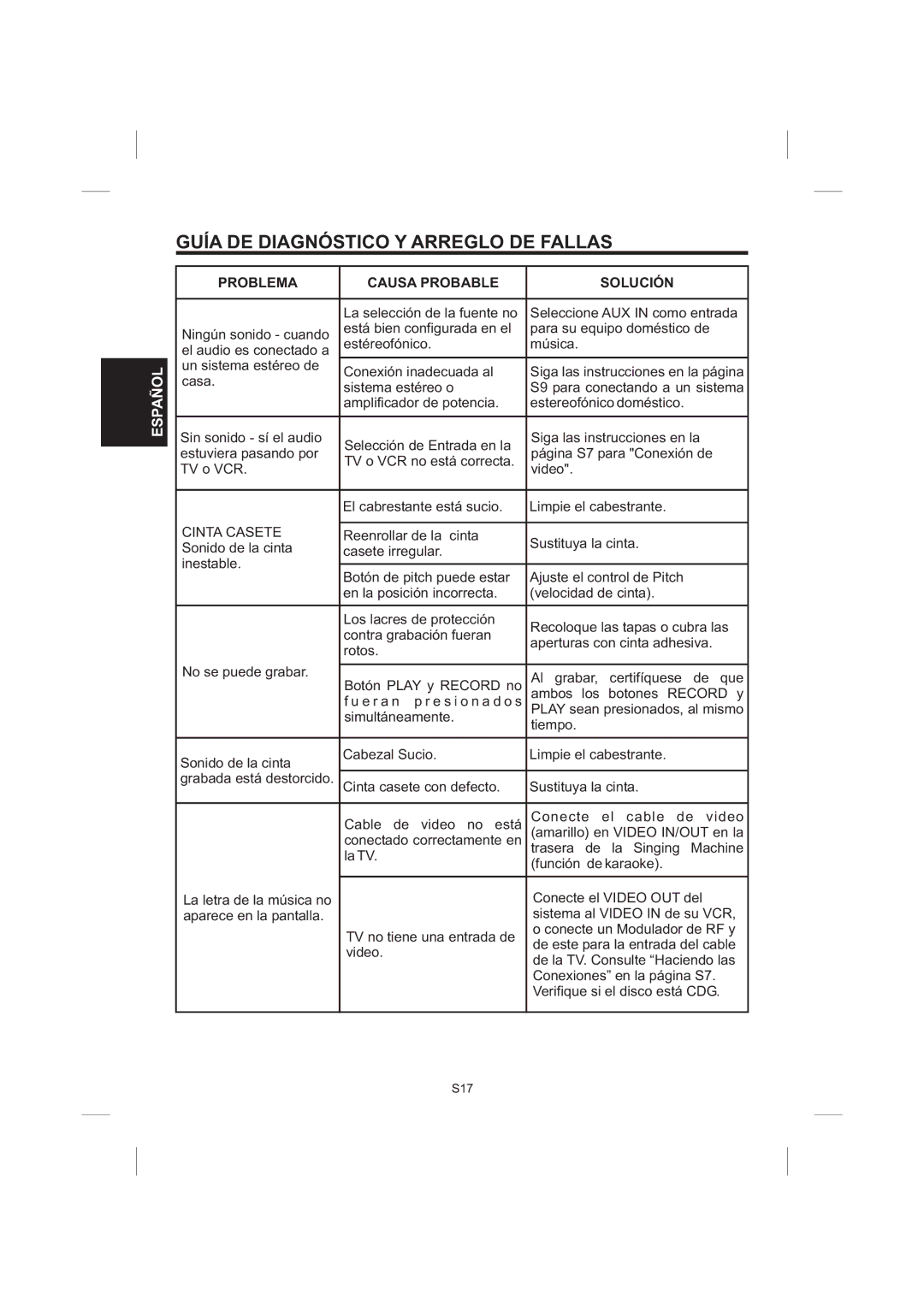 The Singing Machine STVG-535 instruction manual Cinta Casete 