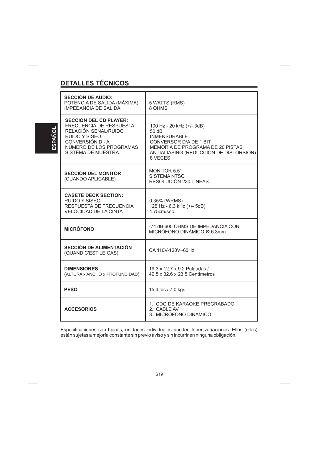 The Singing Machine STVG-535 instruction manual Detalles Técnicos 