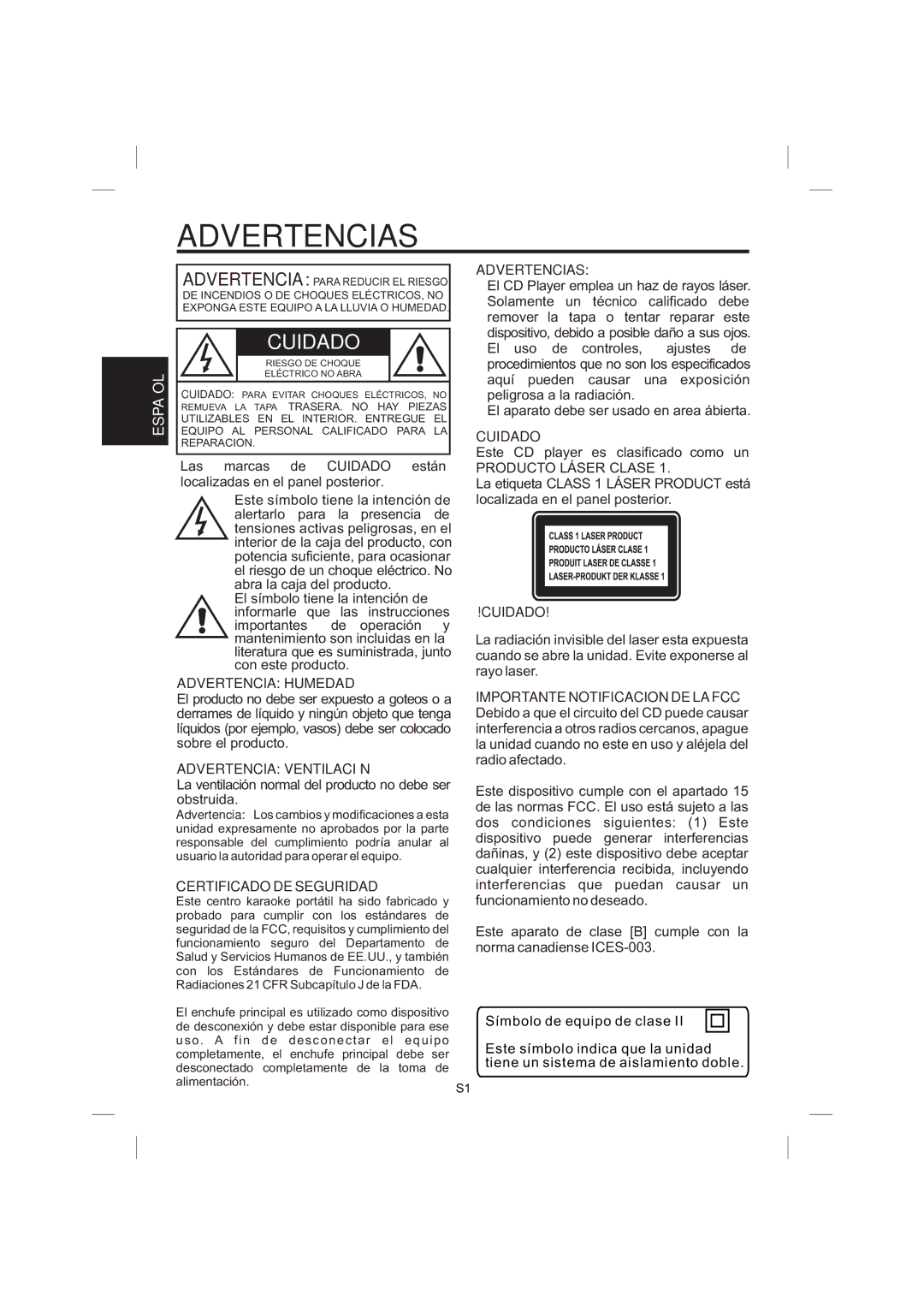 The Singing Machine STVG-559 Advertencia Humedad, Advertencia Ventilación, Certificado DE Seguridad, Advertencias, Cuidado 