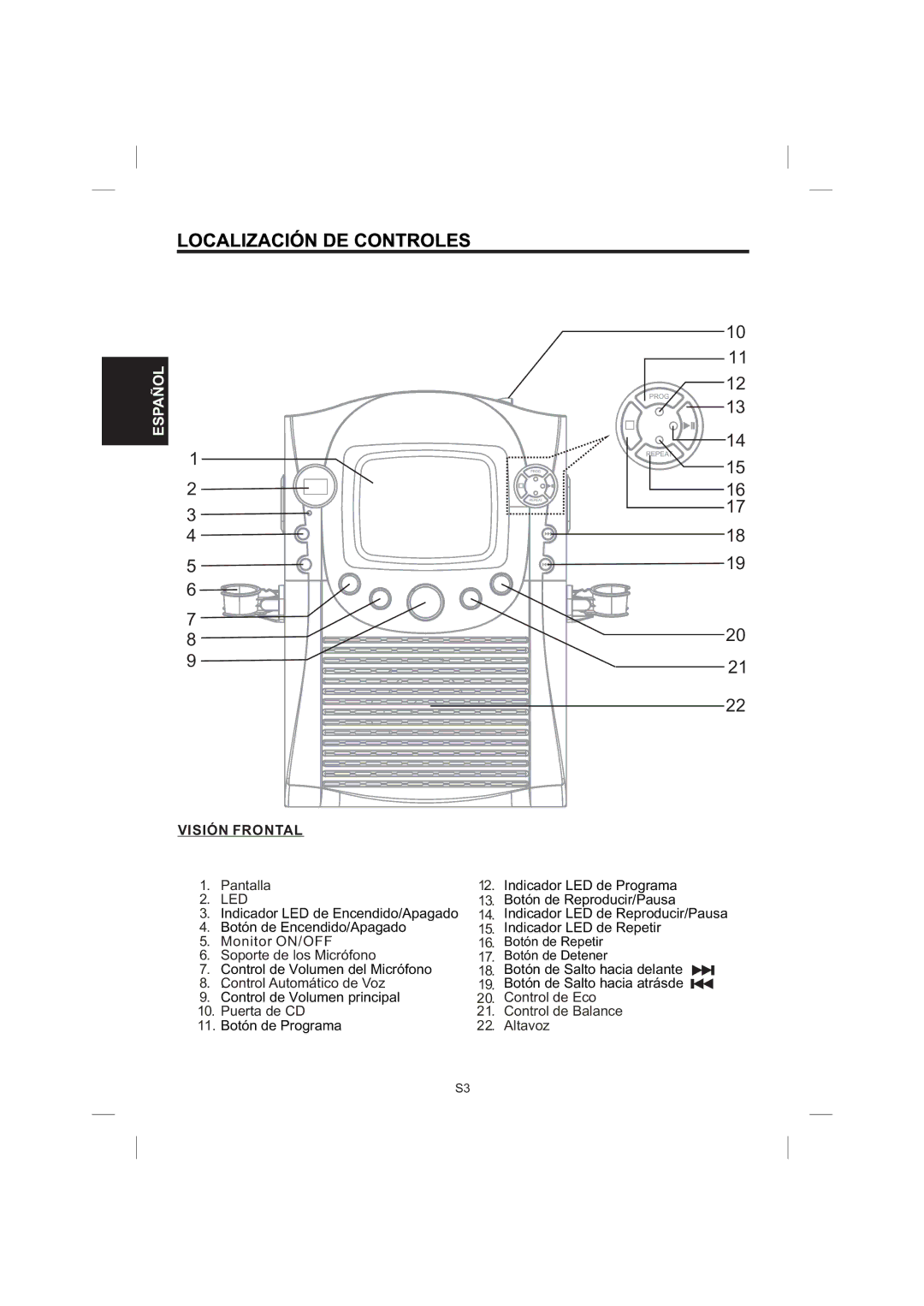 The Singing Machine STVG-559 manual Visión Frontal, Pantalla LED 