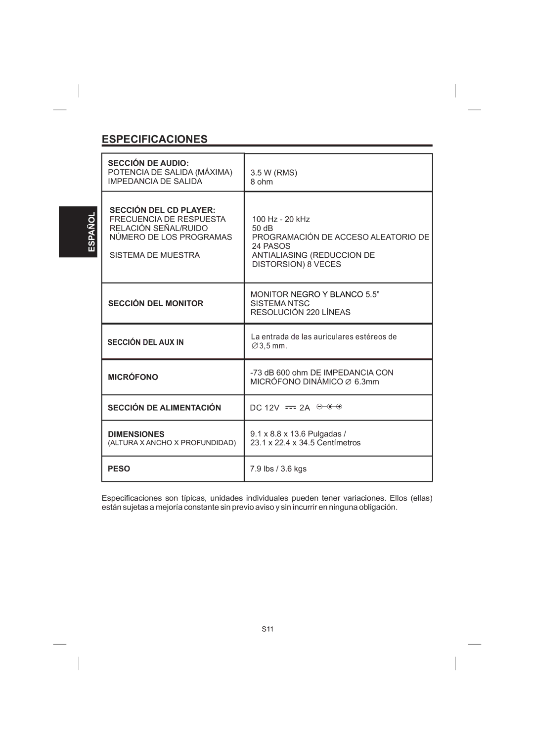 The Singing Machine STVG-559 manual Especificaciones 