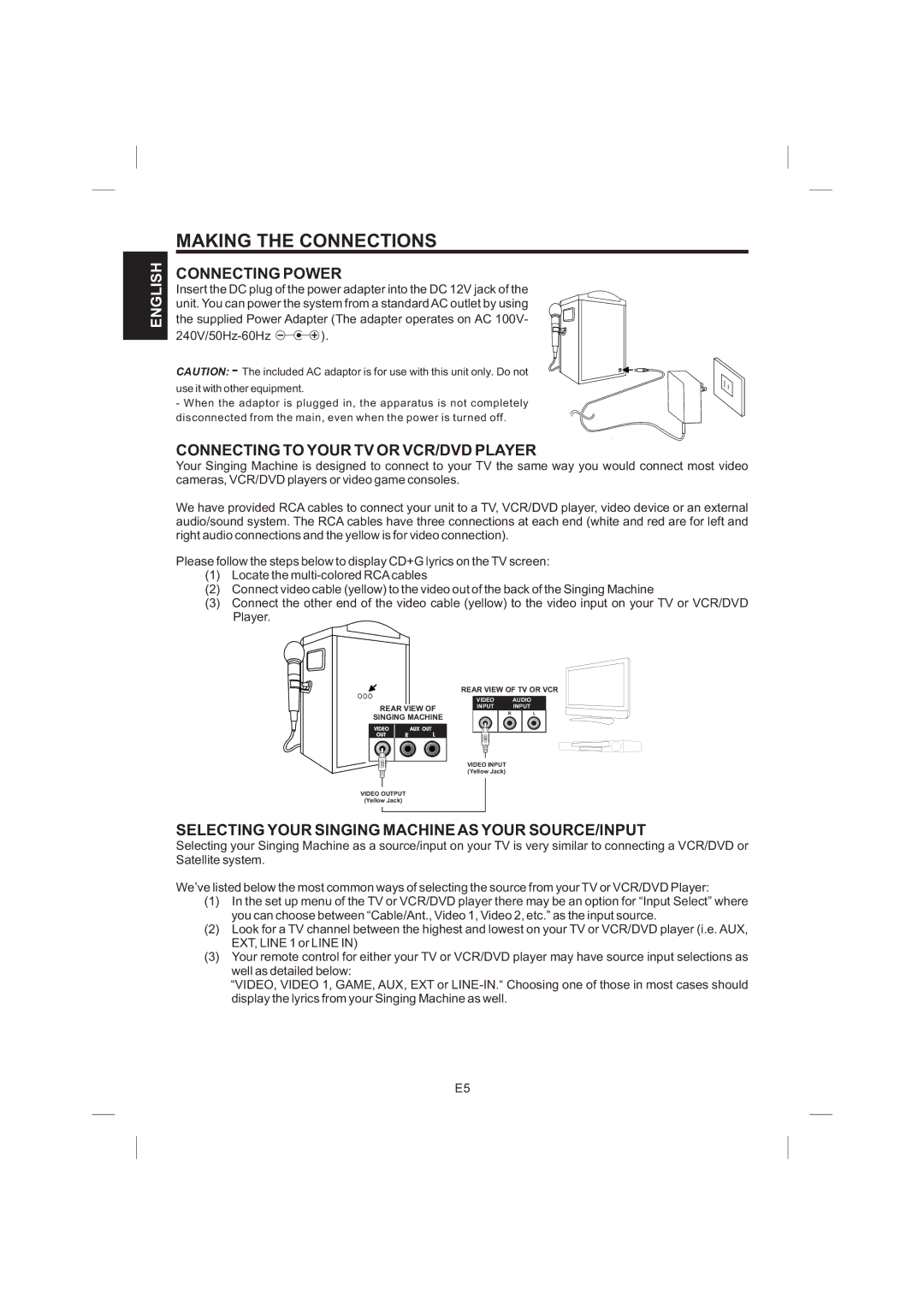 The Singing Machine STVG-559 manual Making the Connections, Connecting Power, Connecting to Your TV or VCR/DVD Player 